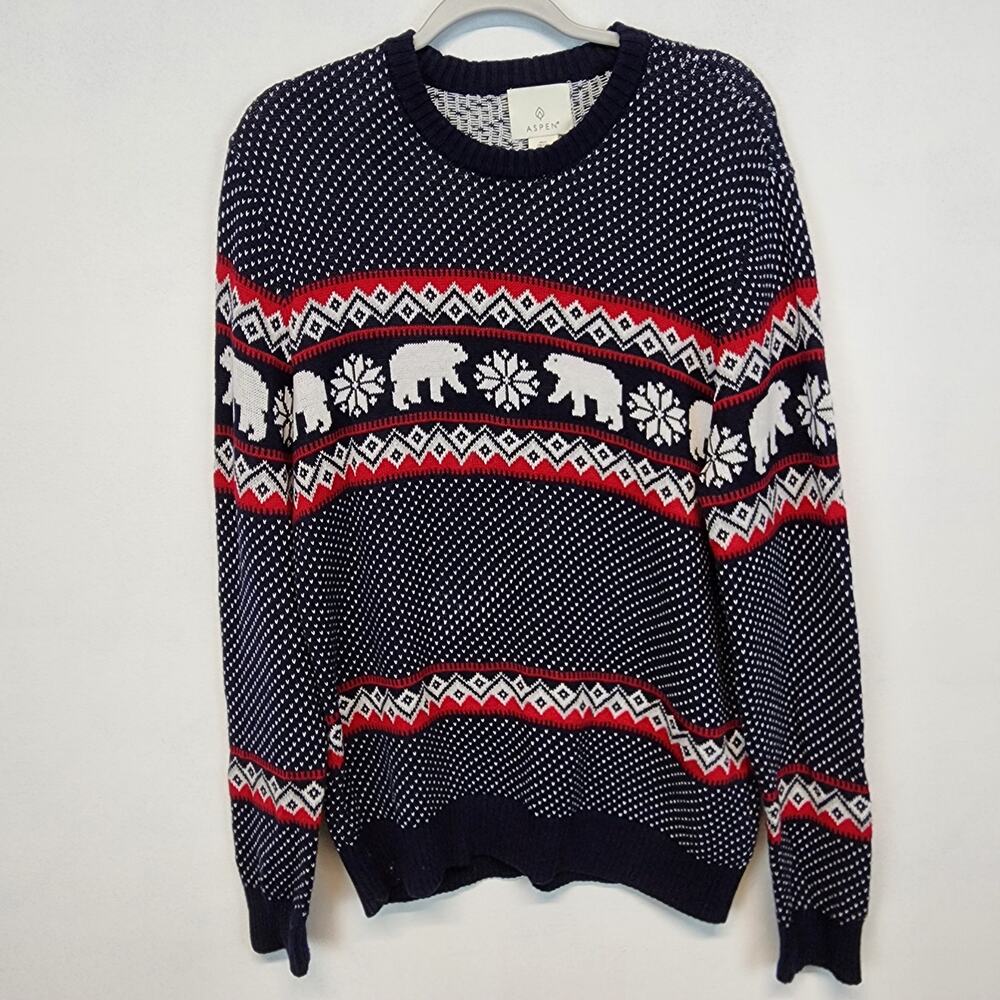Aspen Mens Polar Bear Fair Isle Knit Sweater Size L Blue Red Long Sleeve Holiday